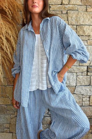 Sundaze Cheesecloth Chalk Stripe Boyfriend Shirt Denim